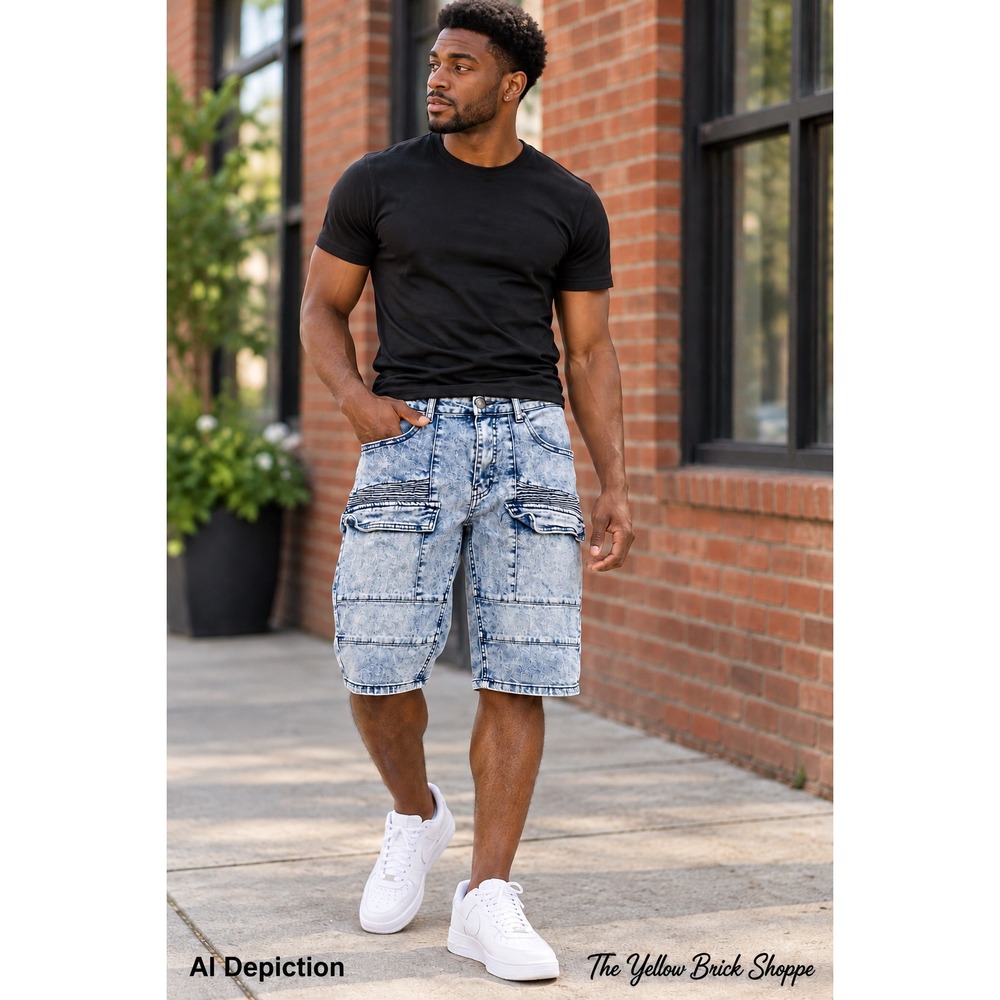 Denim & Rivets Men's 32 Acid Wash Denim Cargo Shorts Moto Biker Y2K